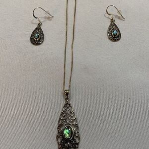 Sterling Silver Vintage Abalone Filagree oval necklace and earring set
